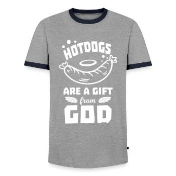 Hotdogs Are A Gift From God - Men's Ringer Shirt - grey/navy  - Front - AI Model Female 172 light (172cm) & AI Model Male 178 light (178cm)