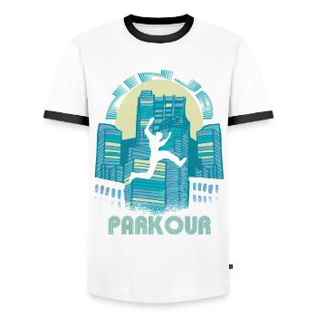 City Ninja Parkour Jumping Building Freestyle Run - Men's Ringer Shirt - white/black - Front - AI Model Female 172 light (172cm) & AI Model Male 178 dark (178cm)