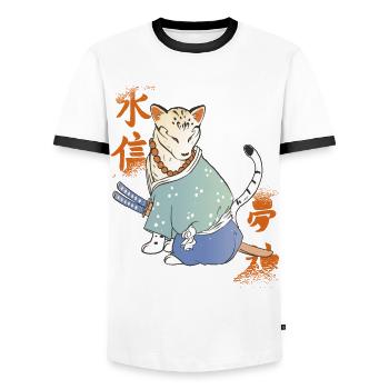 Chat samouraï avec Katana Catmurai Krie japonais - T-shirt contrasté Homme - blanc/noir - Devant - AI Model Female 172 light (172cm) & AI Model Male 178 dark (178cm)
