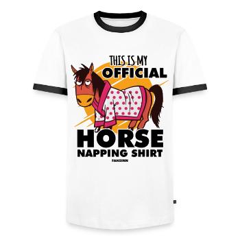 Ceci est ma chemise officielle de sieste de cheval - T-shirt contrasté Homme - blanc/noir - Devant - AI Model Female 172 light (172cm) & AI Model Male 178 dark (178cm)