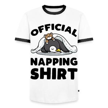Official Nap Shirt Sleeping Penguin - Men's Ringer Shirt - white/black - Front - AI Model Female 172 light (172cm) & AI Model Male 178 dark (178cm)