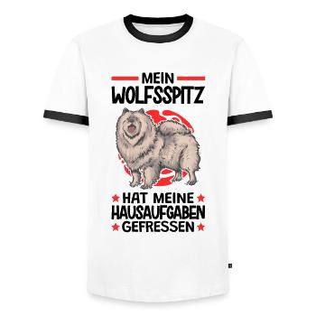 Wolfsspitz Hausaufgaben deutscher Spitz Keeshond - Männer Kontrast-T-Shirt - Weiß/Schwarz - Vorne - AI Model Female 172 light (172cm) & AI Model Male 178 dark (178cm)