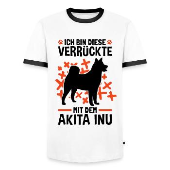 Verrückte mit dem Akita Inu japanischer Spitz - Männer Kontrast-T-Shirt - Weiß/Schwarz - Vorne - AI Model Female 172 light (172cm) & AI Model Male 178 dark (178cm)