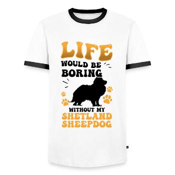 Shetland Sheepdog boring British Sheepdog - Men's Ringer Shirt - white/black - Front - AI Model Female 172 light (172cm) & AI Model Male 178 dark (178cm)