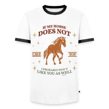 wenn mein Pferd dich nicht mag - Männer Kontrast-T-Shirt - Weiß/Schwarz - Vorne - AI Model Female 172 light (172cm) & AI Model Male 178 dark (178cm)