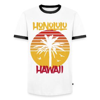 Hawaii Honolulu Palmen Ocean Surfing - Männer Kontrast-T-Shirt - Weiß/Schwarz - Vorne - AI Model Female 172 light (172cm) & AI Model Male 178 dark (178cm)