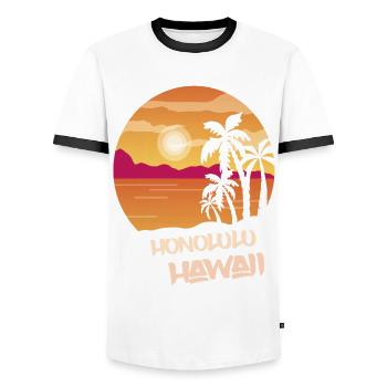Hawaii Honolulu Holiday Palm Ocean Surfing - Men's Ringer Shirt - white/black - Front - AI Model Female 172 light (172cm) & AI Model Male 178 dark (178cm)
