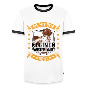 Die mit dem Kleiner Münsterländer geht - Männer Kontrast-T-Shirt - Weiß/Schwarz - Vorne - AI Model Female 172 light (172cm) & AI Model Male 178 dark (178cm)