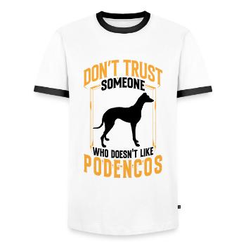 Podenco Don't Trust Ibizan Hound - Men's Ringer Shirt - white/black - Front - AI Model Female 172 light (172cm) & AI Model Male 178 dark (178cm)