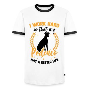 Travailler pour mon Podenco Spanish Hound - T-shirt contrasté Homme - blanc/noir - Devant - AI Model Female 172 light (172cm) & AI Model Male 178 dark (178cm)