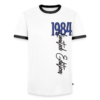 1984 Vintage anniversaire drôles dictons - T-shirt contrasté Homme - blanc/noir - Devant - AI Model Female 172 light (172cm) & AI Model Male 178 dark (178cm)