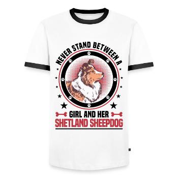 Girl and her Sheltie Shetland Sheepdog - Men's Ringer Shirt - white/black - Front - AI Model Female 172 light (172cm) & AI Model Male 178 dark (178cm)