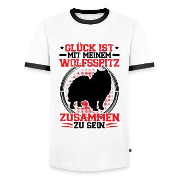 By my Wolfspitz his Keeshond - Men's Ringer Shirt - white/black - Front - AI Model Female 172 light (172cm) & AI Model Male 178 dark (178cm)