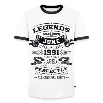 33ème anniversaire Légendaire Juin 1991 Millésime 1991 - T-shirt contrasté Homme - blanc/noir - Devant - AI Model Female 172 light (172cm) & AI Model Male 178 dark (178cm)