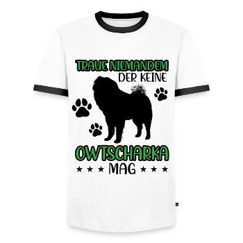 Don't trust Ovcharka Caucasian Ovcharka - Men's Ringer Shirt - white/black - Front - AI Model Female 172 light (172cm) & AI Model Male 178 dark (178cm)