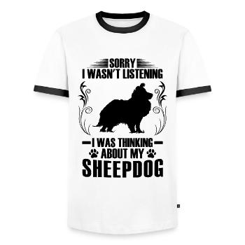 Thinking of Shetland Sheepdog British Sheltie - Men's Ringer Shirt - white/black - Front - AI Model Female 172 light (172cm) & AI Model Male 178 dark (178cm)