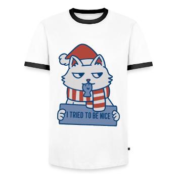 I Tried to be Nice Xmas Cat - Men's Ringer Shirt - white/black - Front - AI Model Female 172 light (172cm) & AI Model Male 178 dark (178cm)