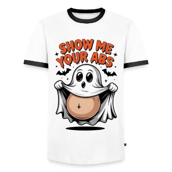 Show me your ABS - Halloween Geist entblößt Bauch - Männer Kontrast-T-Shirt - Weiß/Schwarz - Vorne - AI Model Female 172 light (172cm) & AI Model Male 178 dark (178cm)