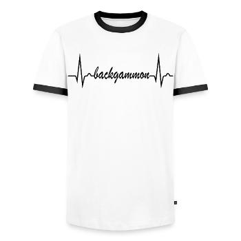Backgammon | Board Game | Heart Curve ECG Pulse - Men's Ringer Shirt - white/black - Front - AI Model Female 172 light (172cm) & AI Model Male 178 dark (178cm)
