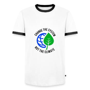 Student demo against climate change - Men's Ringer Shirt - white/black - Front - AI Model Female 172 light (172cm) & AI Model Male 178 dark (178cm)