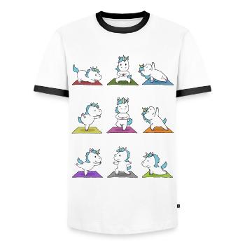 Cadeau de méditation yoga licorne Yogi Namaste - T-shirt contrasté Homme - blanc/noir - Devant - AI Model Female 172 light (172cm) & AI Model Male 178 dark (178cm)