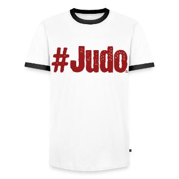 #Judo - Männer Kontrast-T-Shirt - Weiß/Schwarz - Vorne - AI Model Female 172 light (172cm) & AI Model Male 178 dark (178cm)