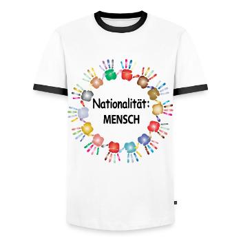 Gegen Rassismus Friede Freiheit - Männer Kontrast-T-Shirt - Weiß/Schwarz - Vorne - AI Model Female 172 light (172cm) & AI Model Male 178 dark (178cm)