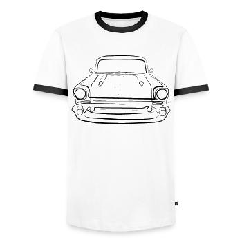 Oldtimer - one line drawing - Men's Ringer Shirt - white/black - Front - AI Model Female 172 light (172cm) & AI Model Male 178 dark (178cm)