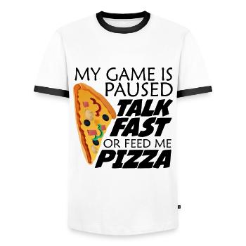 My Game Is Paused. Funny saying gamer and pizza - Men's Ringer Shirt - white/black - Front - AI Model Female 172 light (172cm) & AI Model Male 178 dark (178cm)