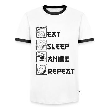 Eating Sleep Anime Repeat T-Shirt Anime - Men's Ringer Shirt - white/black - Front - AI Model Female 172 light (172cm) & AI Model Male 178 dark (178cm)