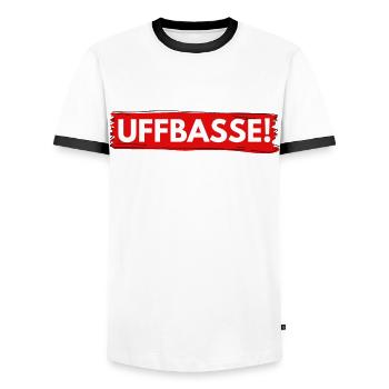 UFFBASSE ! DIALEKT ! AUFPASSEN ! PFÄLZISCH BADISCH - Männer Kontrast-T-Shirt - Weiß/Schwarz - Vorne - AI Model Female 172 light (172cm) & AI Model Male 178 dark (178cm)