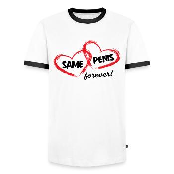 Same penis Forever forever the same penis - Men's Ringer Shirt - white/black - Front - AI Model Female 172 light (172cm) & AI Model Male 178 dark (178cm)