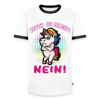 Bevor du fragst: Nein! Selbstbewusstes Einhorn - Männer Kontrast-T-Shirt - Weiß/Schwarz - Vorne - AI Model Female 172 light (172cm) & AI Model Male 178 dark (178cm)
