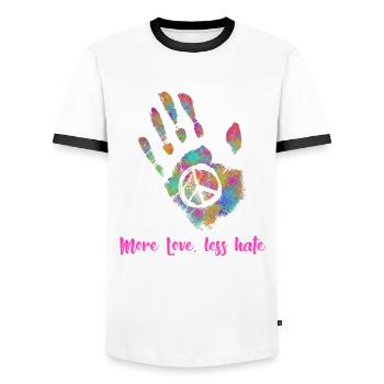 Plus d’amour Moins de haine hippie - T-shirt contrasté Homme - blanc/noir - Devant - AI Model Female 172 light (172cm) & AI Model Male 178 dark (178cm)