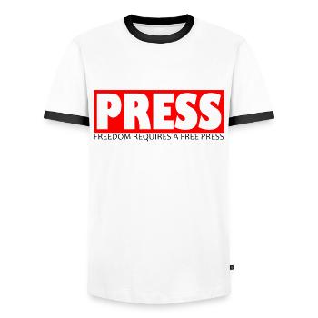 Free Press gift for journalists and reporters - Men's Ringer Shirt - white/black - Front - AI Model Female 172 light (172cm) & AI Model Male 178 dark (178cm)