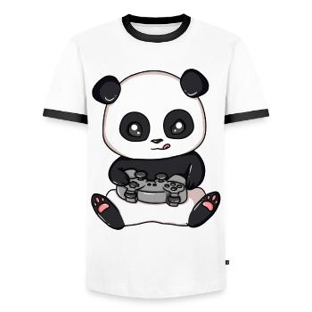 Panda Gamer Video Player Play Game Panda Bear - Men's Ringer Shirt - white/black - Front - AI Model Female 172 light (172cm) & AI Model Male 178 dark (178cm)