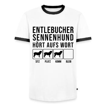 Entlebucher Sennenhund - Hört aufs Wort - lustig - Männer Kontrast-T-Shirt - Weiß/Schwarz - Vorne - AI Model Female 172 light (172cm) & AI Model Male 178 dark (178cm)