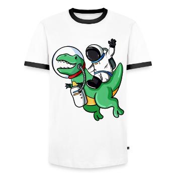 Astronaut rides T-Rex dinosaurs - Men's Ringer Shirt - white/black - Front - AI Model Female 172 light (172cm) & AI Model Male 178 dark (178cm)