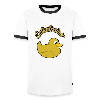 Ententrainer Witziges Fun Shirt Quietscheente - Männer Kontrast-T-Shirt - Weiß/Schwarz - Vorne - AI Model Female 172 light (172cm) & AI Model Male 178 dark (178cm)