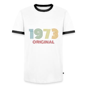 1973 Original Vintage Vintage '73 Birthday 70's - Men's Ringer Shirt - white/black - Front - AI Model Female 172 light (172cm) & AI Model Male 178 dark (178cm)