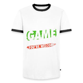 I paused my game to be here gamer humor - Men's Ringer Shirt - white/black - Front - AI Model Female 172 light (172cm) & AI Model Male 178 dark (178cm)