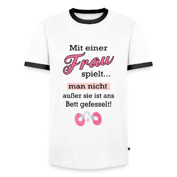 Sex Spielzeug Handschellen Bett Sexspiel - Männer Kontrast-T-Shirt - Weiß/Schwarz - Vorne - AI Model Female 172 light (172cm) & AI Model Male 178 dark (178cm)