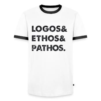 Vintage Philosophy Logos Ethos Pathos Nietzsche - Men's Ringer Shirt - white/black - Front - AI Model Female 172 light (172cm) & AI Model Male 178 dark (178cm)