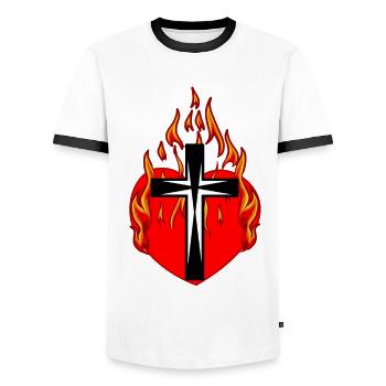Cross, Crosses, Jesus, Religion, Heart, Fire, Flame - Men's Ringer Shirt - white/black - Front - AI Model Female 172 light (172cm) & AI Model Male 178 dark (178cm)