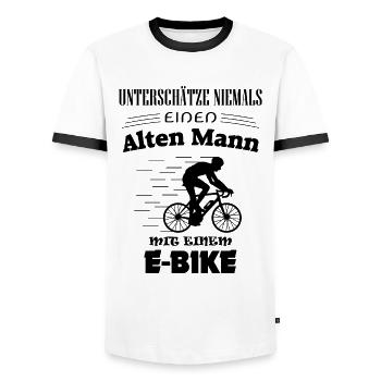E-Bike Rentner Fahrrad Radfahrer Fahrradfahren - Männer Kontrast-T-Shirt - Weiß/Schwarz - Vorne - AI Model Female 172 light (172cm) & AI Model Male 178 dark (178cm)