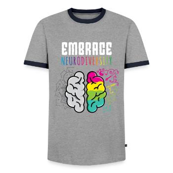 Embrace Neurodiversity Funny saying autism - Men's Ringer Shirt - grey/navy  - Front - AI Model Female 172 light (172cm) & AI Model Male 178 light (178cm)