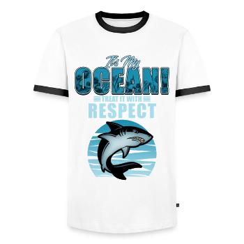 shark - Men's Ringer Shirt - white/black - Front - AI Model Female 172 light (172cm) & AI Model Male 178 dark (178cm)