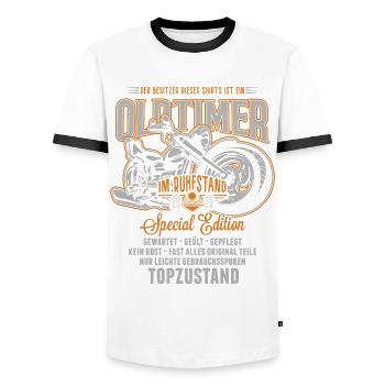 Oldtimer Ruhestand 2020 Vintage Motorrad Rentner - Männer Kontrast-T-Shirt - Weiß/Schwarz - Vorne - AI Model Female 172 light (172cm) & AI Model Male 178 dark (178cm)