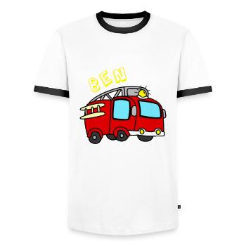 fire Department - Men's Ringer Shirt - white/black - Front - AI Model Female 172 light (172cm) & AI Model Male 178 dark (178cm)