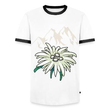 Mountains mountains peaks Edelweiß Blume Tirol - Men's Ringer Shirt - white/black - Front - AI Model Female 172 light (172cm) & AI Model Male 178 dark (178cm)